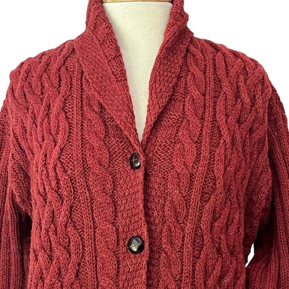 Aran Crafts Merino Wool & Alpaca Cableknit Cardigan Sweater Womens Small Rust - Picture 2 of 14